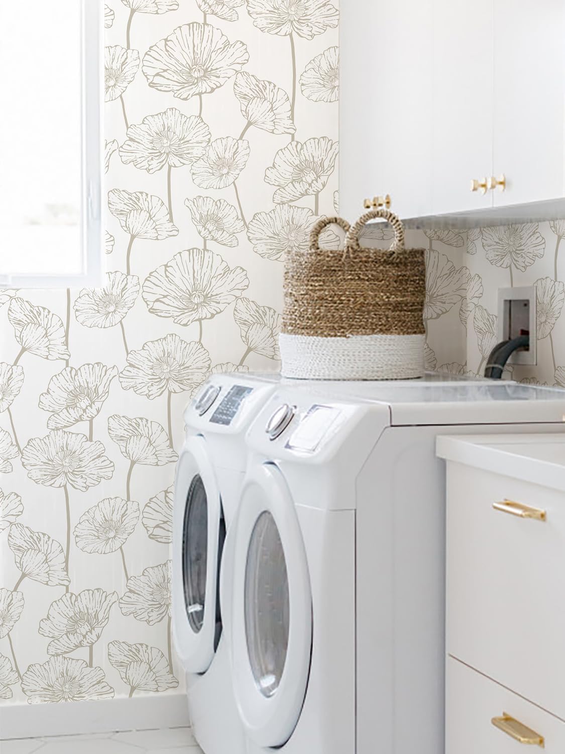 Orainege Modern Peel and Stick Wallpaper 17.3inx118.1in Beige and White Floral Wallpaper Boho Contact Paper Removable Decorative Wall Paper for Bedroom Bathroom Cabinets Decor Vinyl