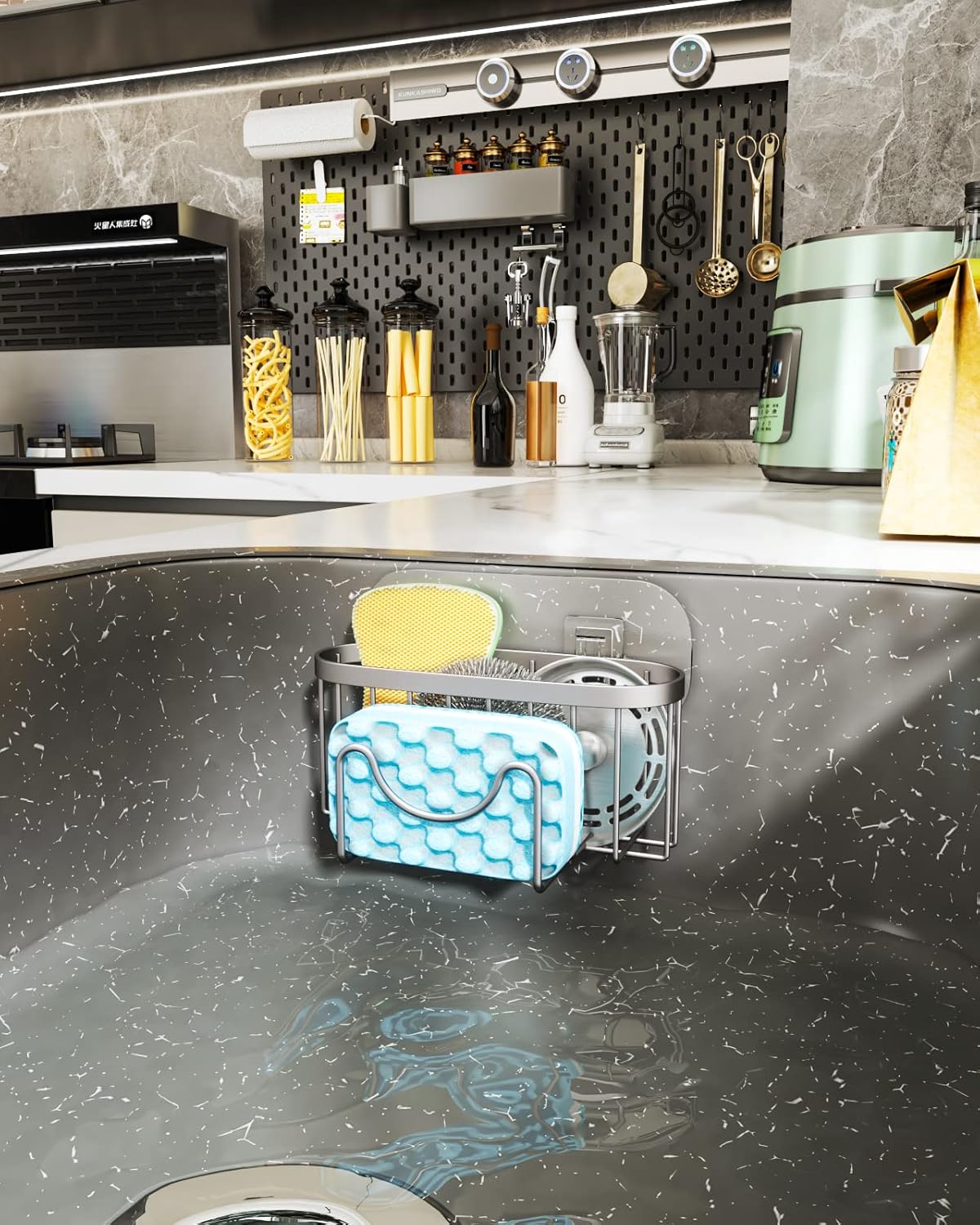 HapiRm Multifunctional Sponge Holder with Unique M-Shaped, 2 Installation Methods Kitchen Sink Caddy Organizer, Rustproof Stainless Steel Kitchen Organizers and Storage Essentials - Black
