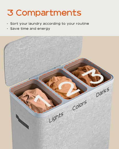 CASAMAYA Laundry Basket with Lid, Laundry Hamper 3 Section, 190L collapsible Laundry Organizer, Easy Assembly, with Handles and Removable Liners, 25.2 x 15.7 x 29.5 Inches, Beige JSP904M