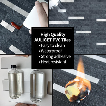 AULIGET 20 Sheets Peel and Stick Backsplash, Black & Grey Wood Look PVC Mixed Metal Stick on Backsplash Tiles for Kitchen