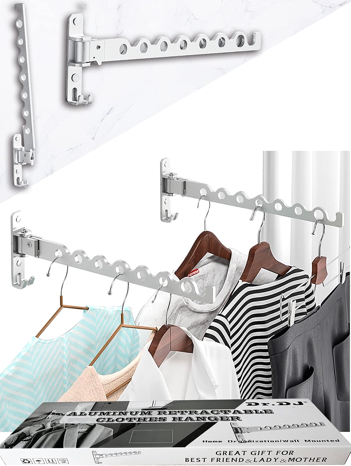 Dr.DJ Wall Mount Coat Hanger Holder Silver Clothes Drying Organizer Rack Garment Hooks Aluminium Retractable Folding Indoor Wall Mounted Hanger Space Saver for Laundry Room Bedroom (2 Racks) Silver