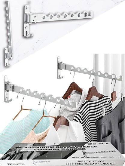 Dr.DJ Wall Mount Coat Hanger Holder Silver Clothes Drying Organizer Rack Garment Hooks Aluminium Retractable Folding Indoor Wall Mounted Hanger Space Saver for Laundry Room Bedroom (2 Racks) Silver