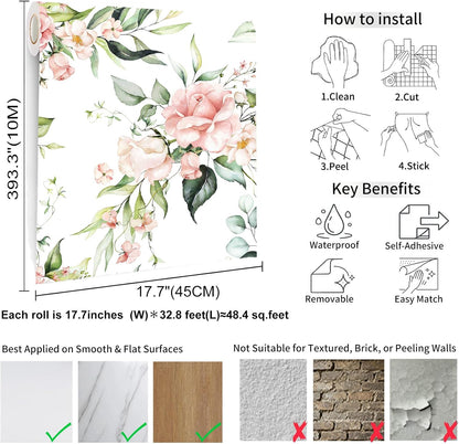 Pink Floral Peel and Stick Wallpaper Self Adhesive Removable Thick Vinyl Watercolor Botanical Flower Accent Wall for Bedroom Bathroom Living Room Renter Friendly 17.7" x 118"