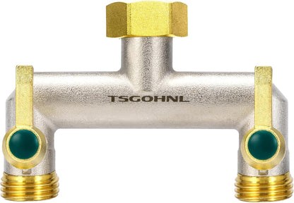 Heavy Duty Brass Garden Hose Splitter, 2-Way Faucet Splitter with 2 Extended Metal Handles, Outdoor Hose Splitter, GHT 3/4-Inch Heavy Duty Hex Female Inlet and 3/4-Inch Male Outlet, Nickel Plated