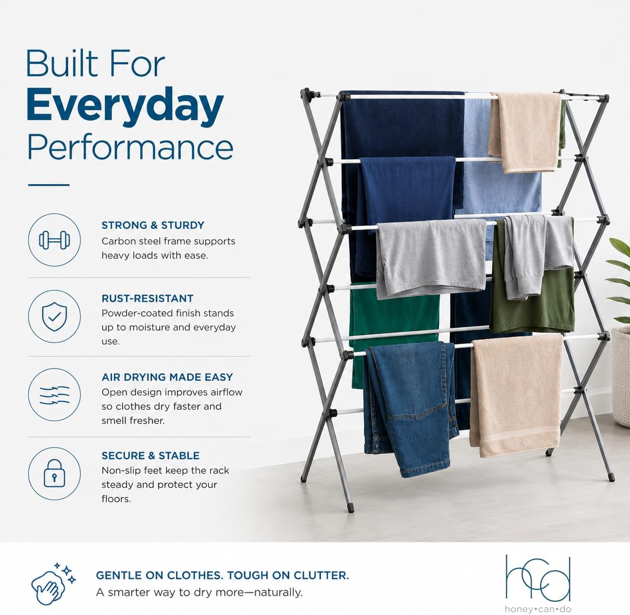 Honey-Can-Do 6-Tier Collapsible Steel Clothes Drying Rack, 24 ft, White | 6-tier steel rack with 24 ft of drying space folds flat to 3 in. Coated bars are gentle on delicates; 50 lb capacity.