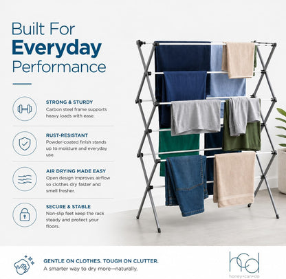 Honey-Can-Do 6-Tier Collapsible Steel Clothes Drying Rack, 24 ft, White | 6-tier steel rack with 24 ft of drying space folds flat to 3 in. Coated bars are gentle on delicates; 50 lb capacity.