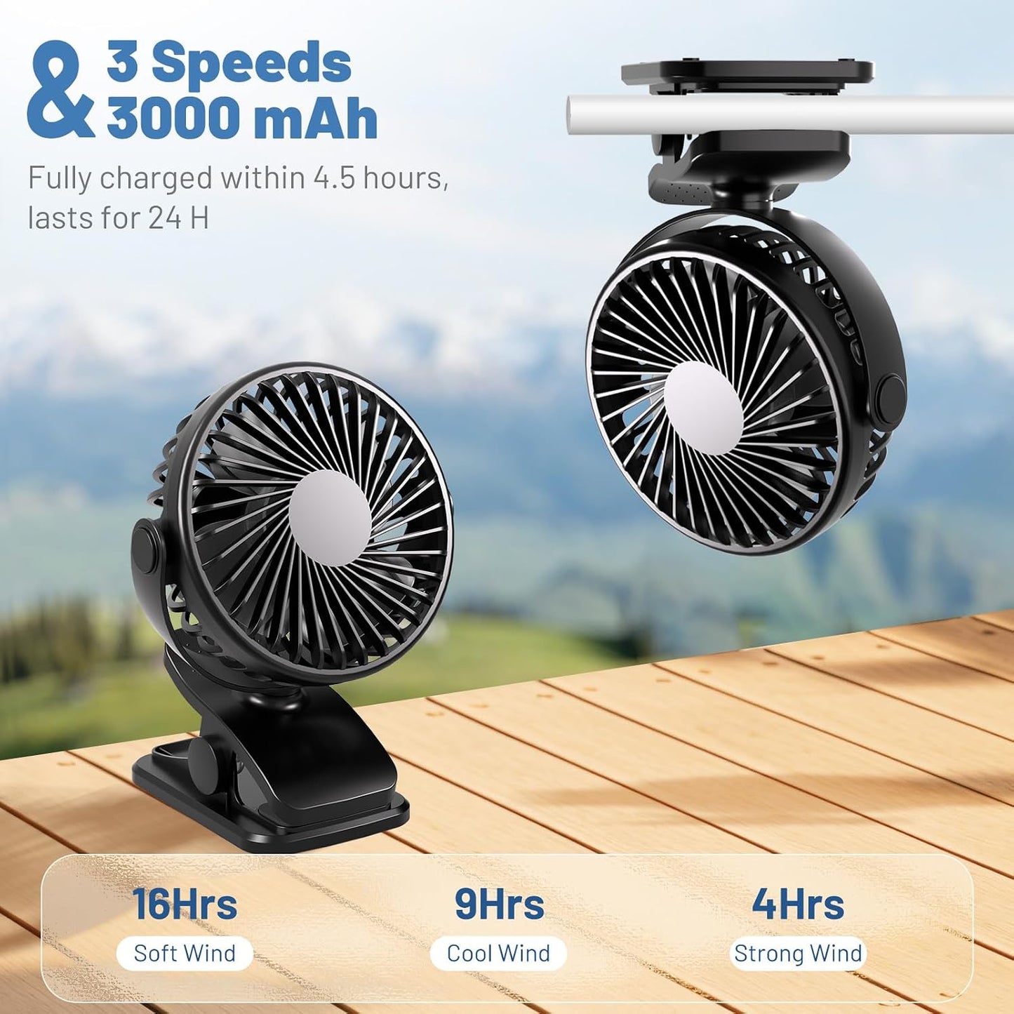 BDXXJ Portable Clip on Fan, 360° Rotate Battery Operated Stroller Fan, 3 Speed Quiet Mini Personal Table Fan, USB Rechargeable Clooing Fan for Outdoor Camping Golf Cart Stroller Home Office Black