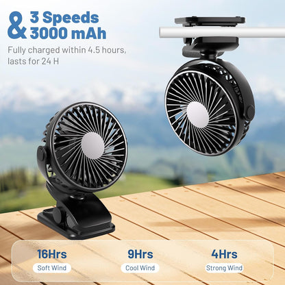 BDXXJ Portable Clip on Fan, 360° Rotate Battery Operated Stroller Fan, 3 Speed Quiet Mini Personal Table Fan, USB Rechargeable Clooing Fan for Outdoor Camping Golf Cart Stroller Home Office Black