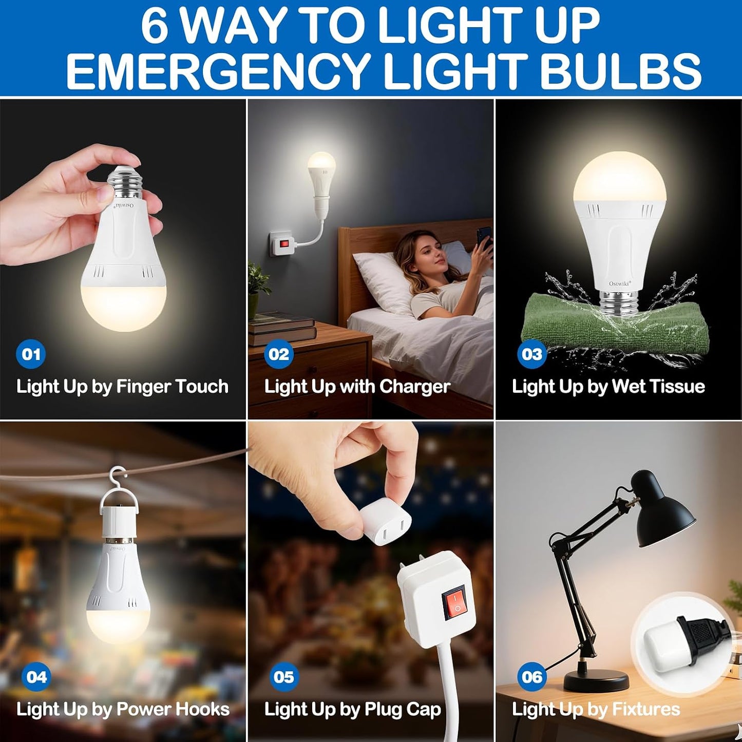Ostwiki Rechargeable Light Bulbs,2 Pack Emergenecy Light Bulbs for Power Outage A19 E26 9W 6500K White Battery Backup Soft Light Bulb for Lamps Home Power Failure Hurricane,Blizzard