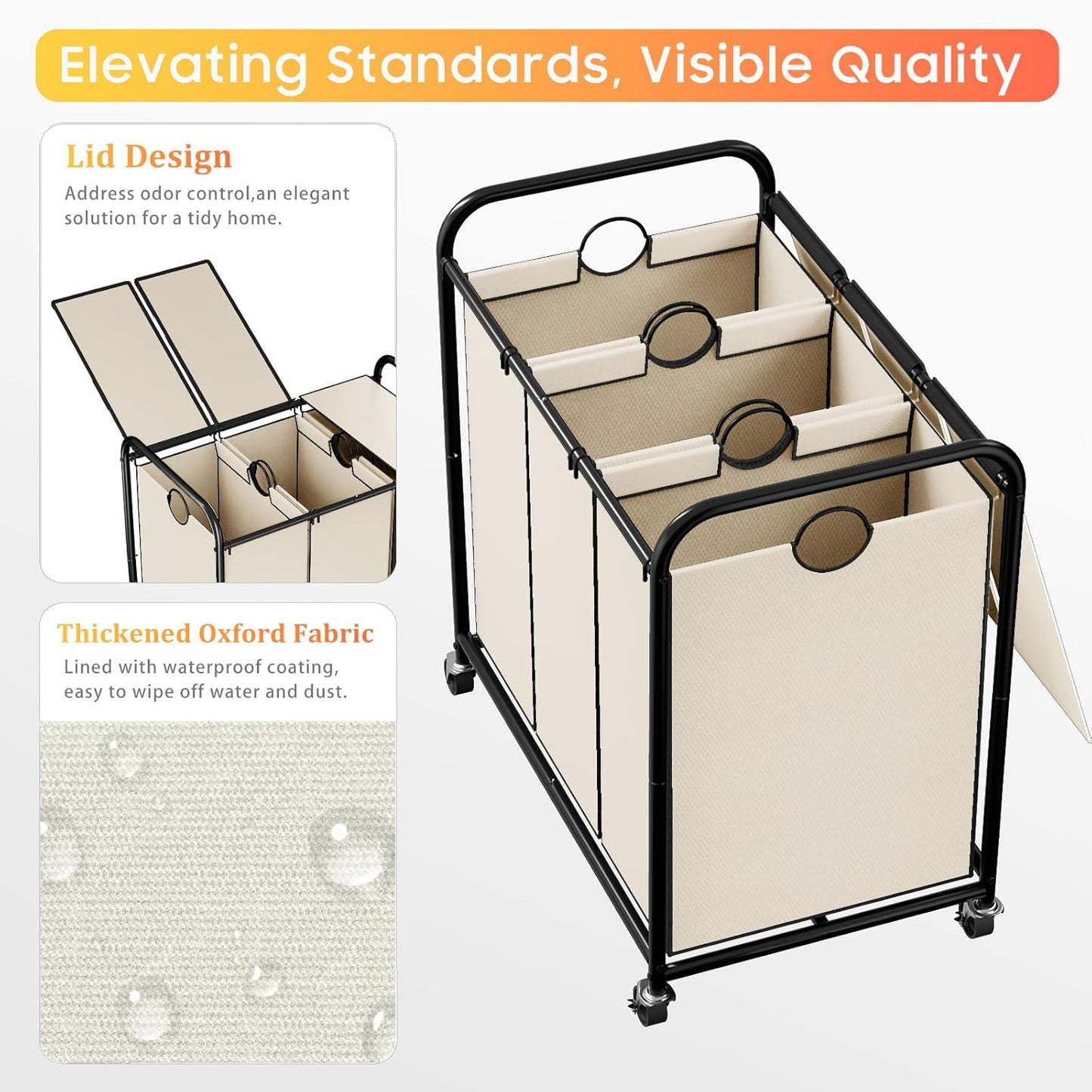 180L (47.55 Gal) Laundry Sorter 3 Section, Rolling Laundry Basket with Lockable Wheels and Lid, Laundry Hamper with 3 Separated Removable Bags Dirty Clothes Hamper for Laundry Room Organizer, Black