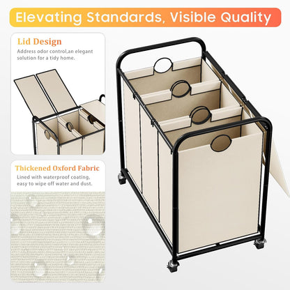 180L (47.55 Gal) Laundry Sorter 3 Section, Rolling Laundry Basket with Lockable Wheels and Lid, Laundry Hamper with 3 Separated Removable Bags Dirty Clothes Hamper for Laundry Room Organizer, Black