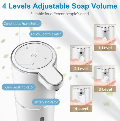 Automatic Foaming Soap Dispenser,4-Level Adjustable Foam, Wall Mount,USB Rechargeable,12.8oz/ 380ml,Touchless Hand & Dish Soap Dispenser for Bathroom, Kitchen,Hotel, Restaurant