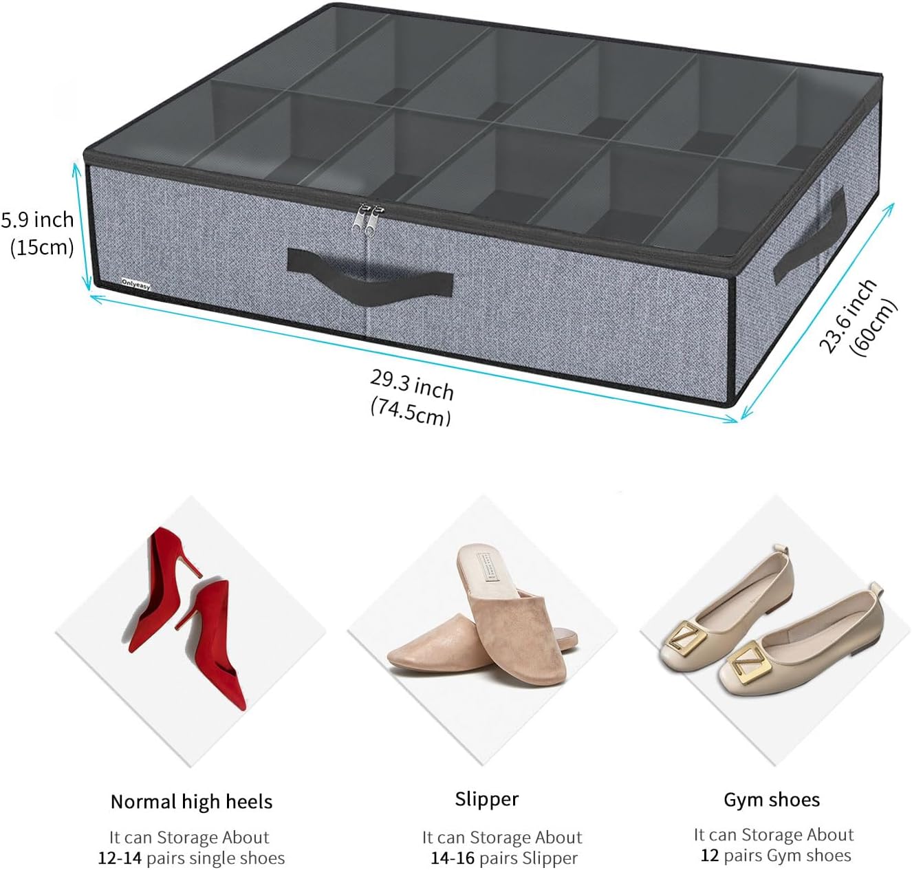 Onlyeasy Sturdy Under Bed Shoe Storage Organizer, Set of 2, Fit 12 to 24 Pairs, Underbed Shoes Closet Storage Solution with Clear Window, Breathable, L29.3 x W23.6 x H5.9, Linen-like Black, MXAUBSB2P