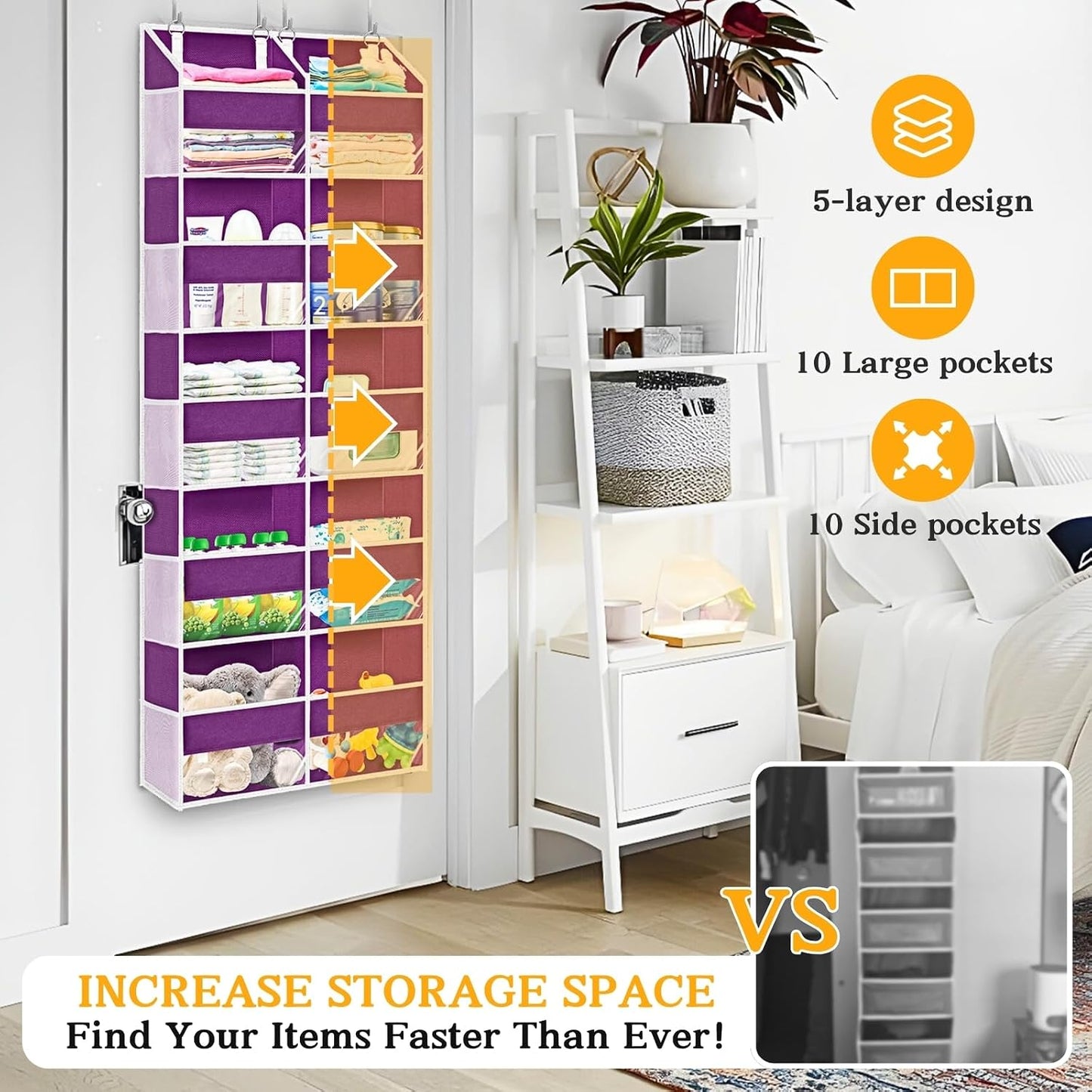 Over The Door Organizer, 5-Tier Extra Large Behind Door Storage with 10 Big Front & 10 Mesh Pockets, 80lb Capacity, Hanging Storage Organizer with Clear Window Kids Toys, Shoes, Diapers, Light Grey