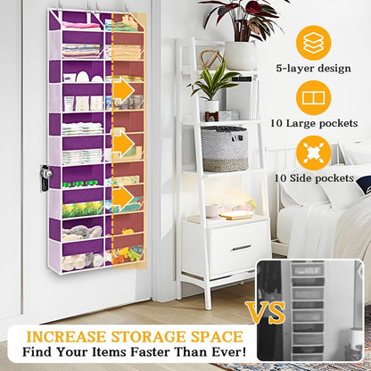 Over The Door Organizer, 5-Tier Extra Large Behind Door Storage with 10 Big Front & 10 Mesh Pockets, 80lb Capacity, Hanging Storage Organizer with Clear Window Kids Toys, Shoes, Diapers, Light Grey