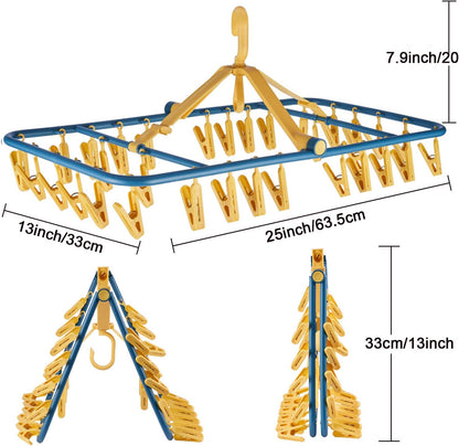 Foshine Foldable Clip Hangers Plastic Blue with 32Pcs Drying Clips | Drip Hanger Foldable Wind-Proof Hook For Underwear Socks Bras Lingerie Clothes