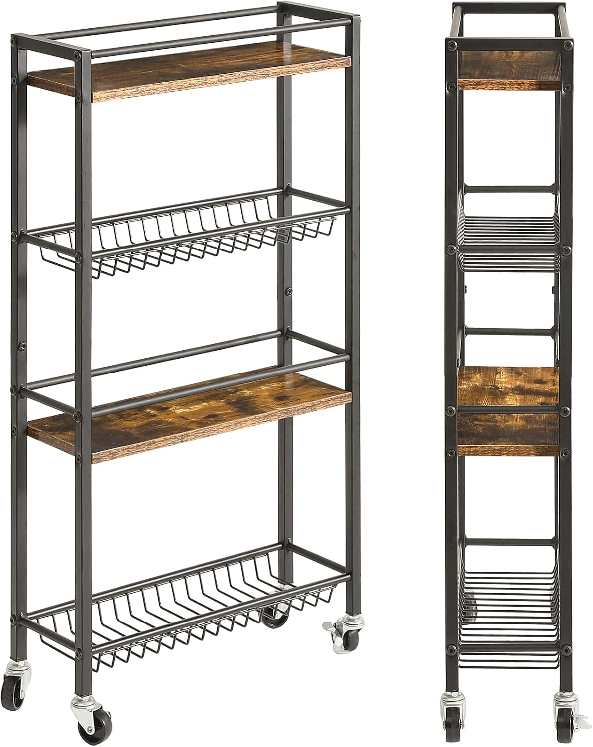 YMYNY Kitchen Storage Rolling Cart 4 Tier on Wheels Rustic Brown HBR002H | for Narrow Spaces, Laundry Room, Dining Room, Bathroom, 32.7" H Shelving Unit with Mesh Baskets