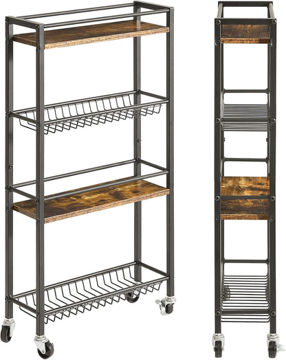 YMYNY Kitchen Storage Rolling Cart 4 Tier on Wheels Rustic Brown HBR002H | for Narrow Spaces, Laundry Room, Dining Room, Bathroom, 32.7" H Shelving Unit with Mesh Baskets