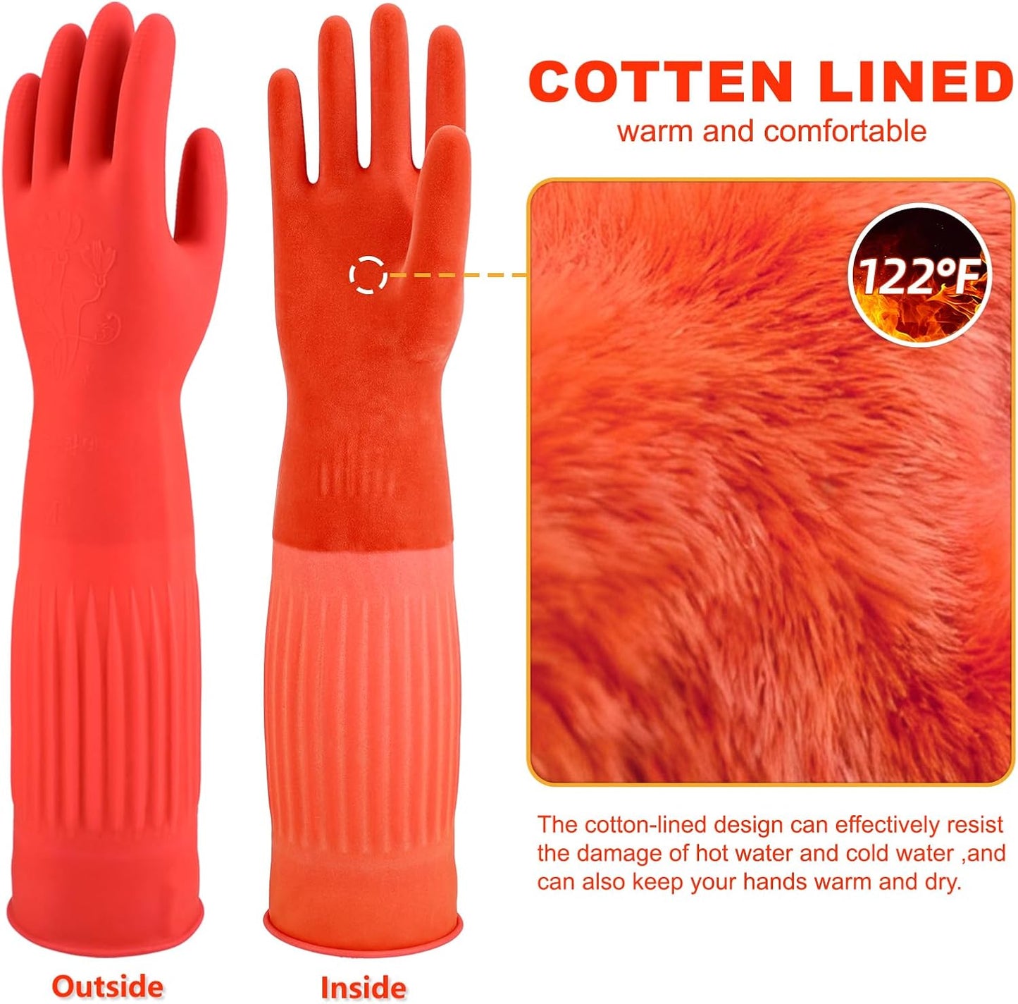 North Tower Rubber Gloves Kitchen Cleaning For Washing Dishing Kithchen, warmming Heat Resistant Dishwashing Gloves,18",2 Pairs Large