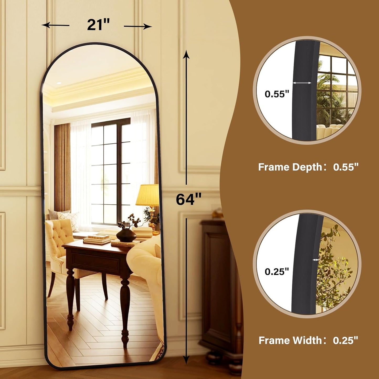 HARRITPURE 64"x21" Arched Full Length Mirror Free Standing Leaning Hanging Mounted Mirror Aluminum Frame Modern Simple Home Decor for Living Room Bedroom Cloakroom, Gold