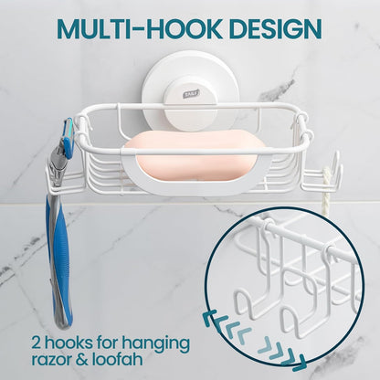 TAILI Soap Holder for Shower – Suction Cup Bar Soap Dish with Hooks, Rustproof Stainless Steel, Self-Draining Sponge Holder with Razor Holder for Bathroom & Kitchen, Black