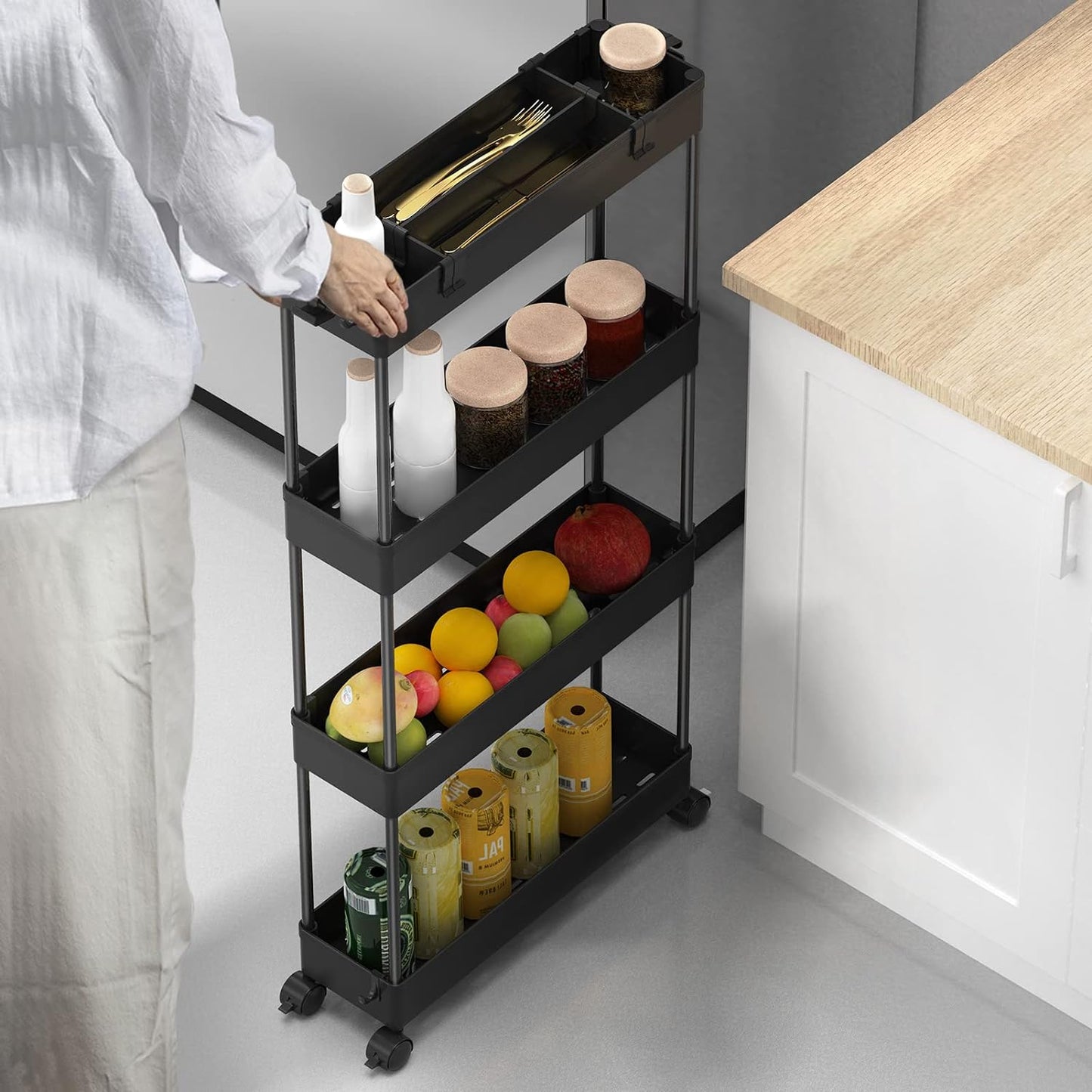 SPACELEAD Slim Storage Cart 4 Tier,Bathroom Organizer Rolling Utility, Mobile Shelving Unit Slide Out for Office, Kitchen, Laundry Room & Narrow Places,White