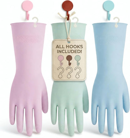 IMARU 3 Pairs Dishwashing Gloves with Hanging Hooks - Reusable Rubber Cleaning Gloves for Household & Kitchen & Gardening, Non-Slip & Waterproof & Durable (Medium)