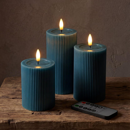 Fluted Ribbed LED Pillar Candles, Cream Beige, with Realistic Reflective Melted-Wax Effect – Flickering Flame, Remote, Dimmable, Flameless, Battery Operated, Home & Wedding Decor (Set of 3)
