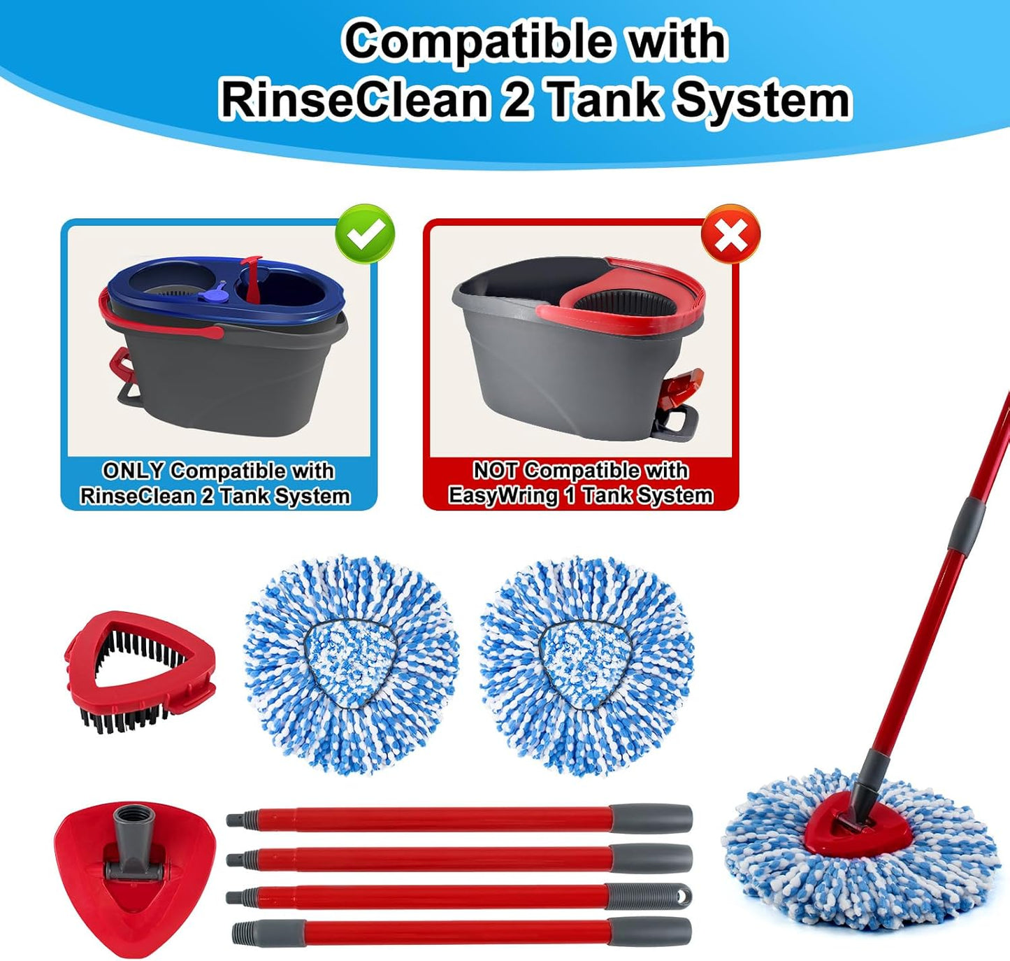 Spin Mop Handle,Mop Replace Heads,Brush and Base Compatible with O Cedar EasyWring 1 Tank,2 Microfiber Mop Refills and Brush,4-Section 30-58" Mop Handle,Mop Base Combo Set for Wet/Dry Floor Cleaning