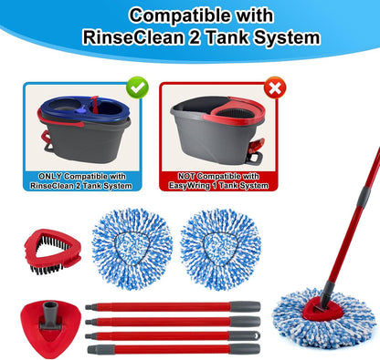 Spin Mop Handle,Mop Replace Heads,Brush and Base Compatible with O Cedar EasyWring 1 Tank,2 Microfiber Mop Refills and Brush,4-Section 30-58" Mop Handle,Mop Base Combo Set for Wet/Dry Floor Cleaning