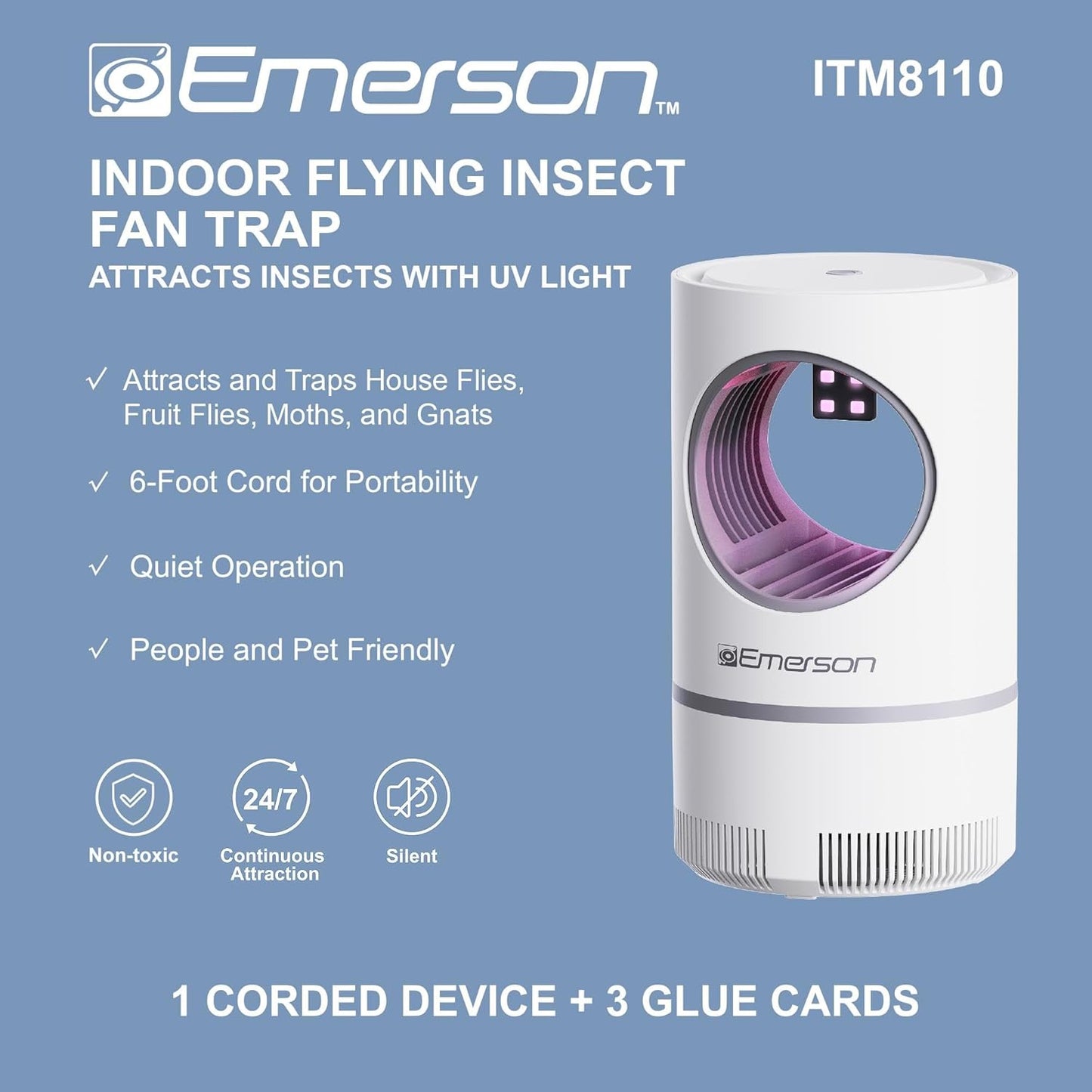 Emerson ITM8110 Indoor Portable Flying Bug Catcher with UV LED light & Fan Suction, 24/7 Mess Free Alternative for Catching Flies, Fruit Flies, Moths, Gnats & More - Includes 3 Replacement Glue Boards