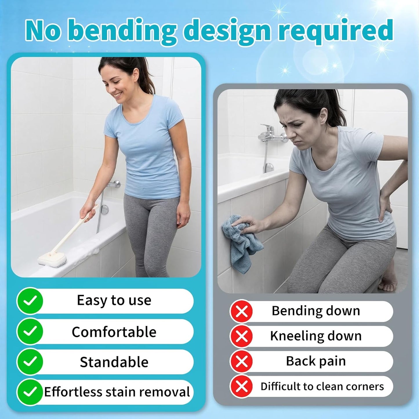 Tub Brush Scrubber with Long Handle, Durable Tub Scrubber with 4 Versatile Cleaning Heads, No-Scratch, Powerful Deep-Clean Tile Scrubbers, for Shower Bathroom Kitchen Bathtub Toilet