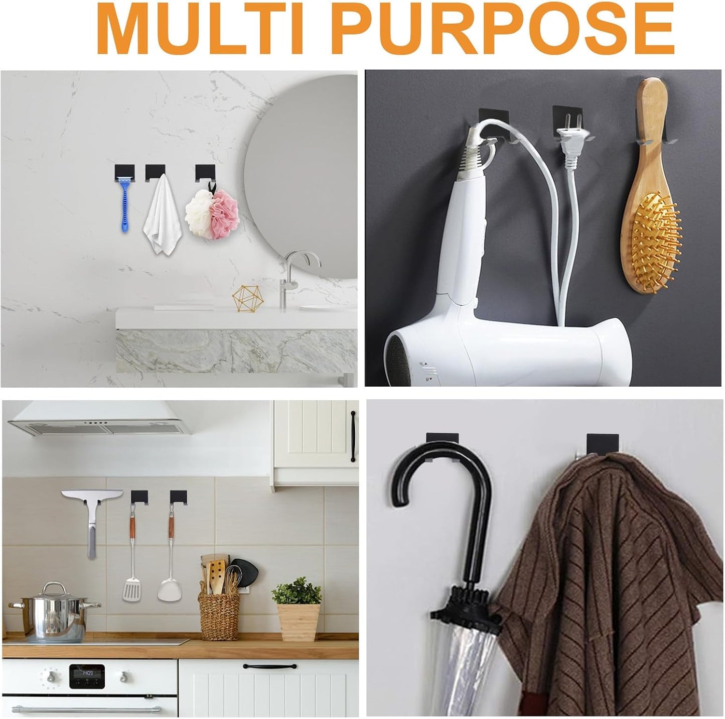 MOROBOR 4 Pcs Shower Squeegee Adhesive Hook, All-Purpose Scraper Holders Towel Hooks Stainless Steel Waterproof Storage Hook Bath Accessories for Kitchen & Bathroom（Silver）