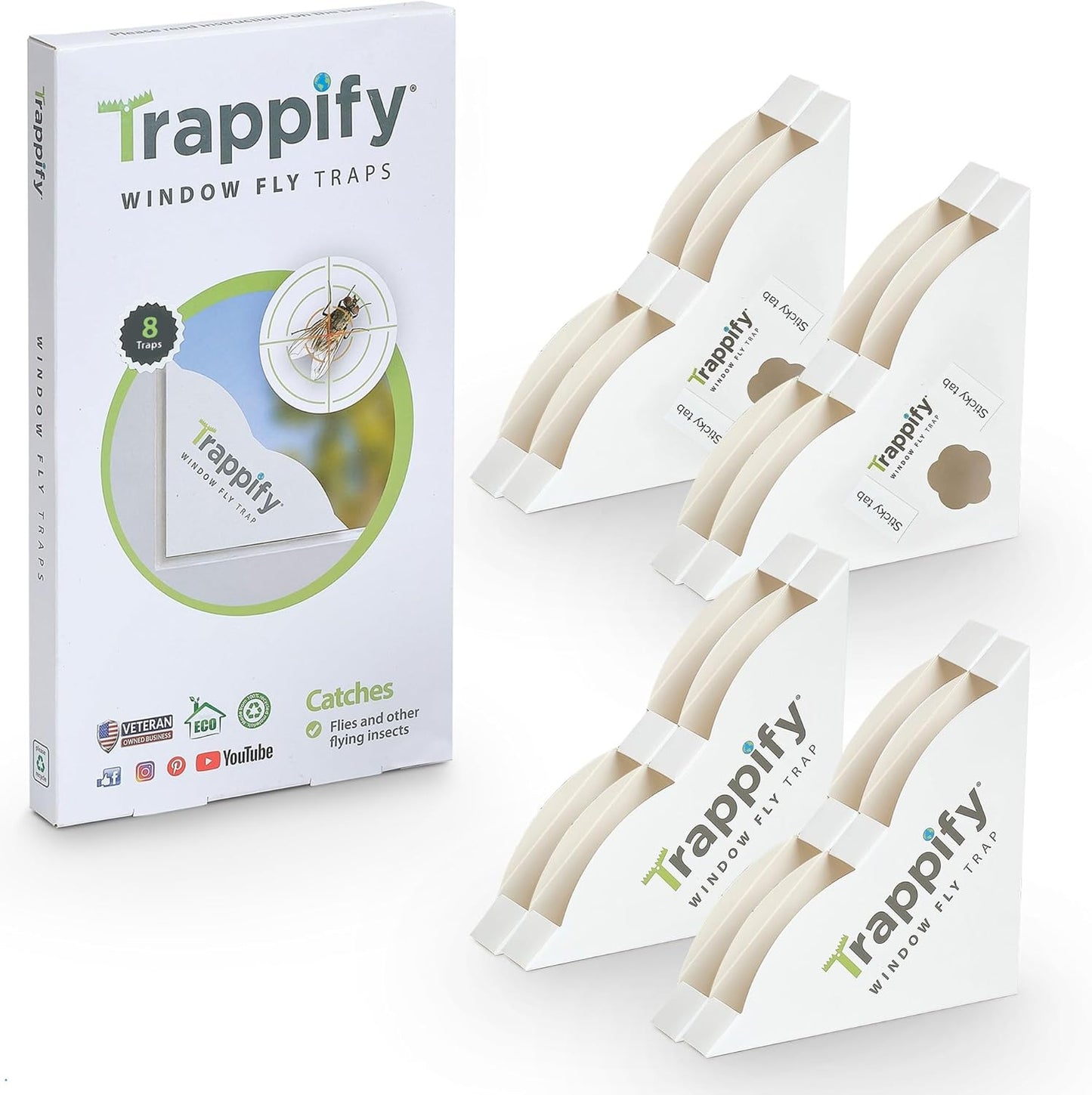 Trappify Window Corner Fly Trap | Fruit Fly Traps for Indoors | 8 Pack | Double-strength adhesive, recycled paper, sticks to window corners, kitchens, patios, no lures, 4 to 24-pack