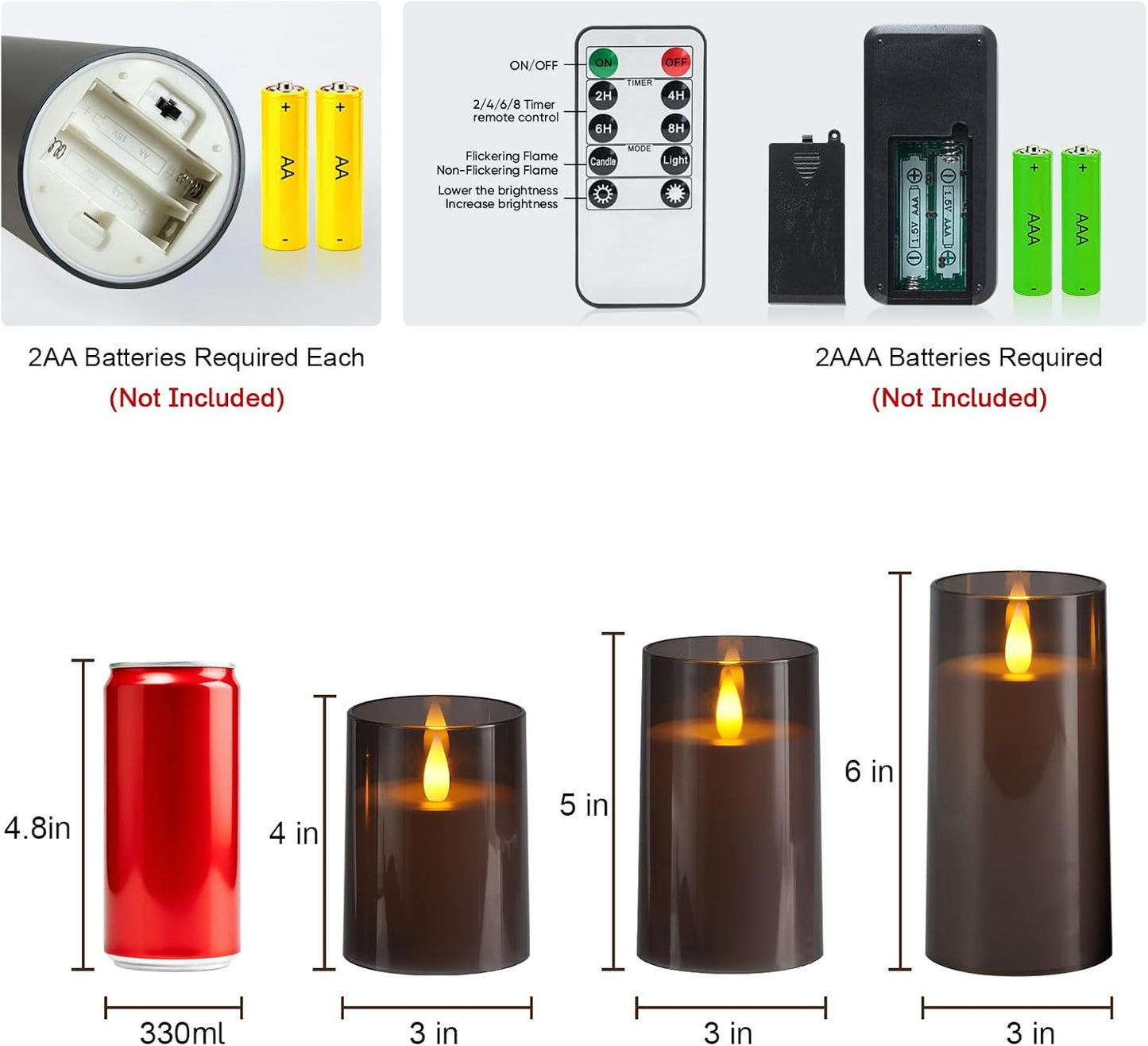 Raycare Flameless Electronic Pillar Candles with Remote Control and Timer- Battery Operated Realistic Flickering LED Fake Candle for Home, Wedding, Valentine's Day, Decor,White,Set of 2(3"x6"6")