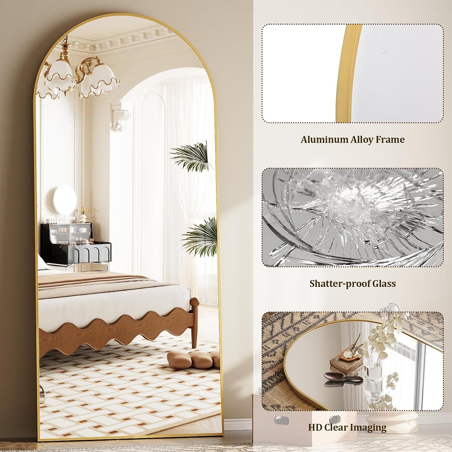 Prywot Arched Full Length Mirror, 70"x26" Free Standing Floor Mirror, Modern Full Body Mirrors with Stand, Wall Mirrors with Aluminum Alloy Frame for Bedroom,Living Room, Gold