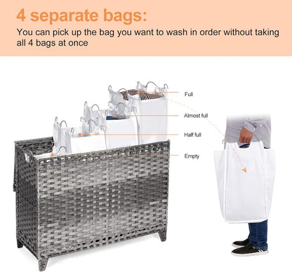 Laundry Hamper with 3 Removable Liner Bags; 132L Handwoven Rattan Laundry Basket with Lid & Heightened Feet; Clothes Hamper with Side Handles; Laundry Sorter with 3 Separate Sections