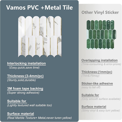Vamos Peel and Stick Backsplash Seamless Tile for Kitchen and Bathroom,White and Beige Slate PVC Mixed Light Gold Self Adhesive Fish Scale Metal Mosaic Tiles (10 Sheets)