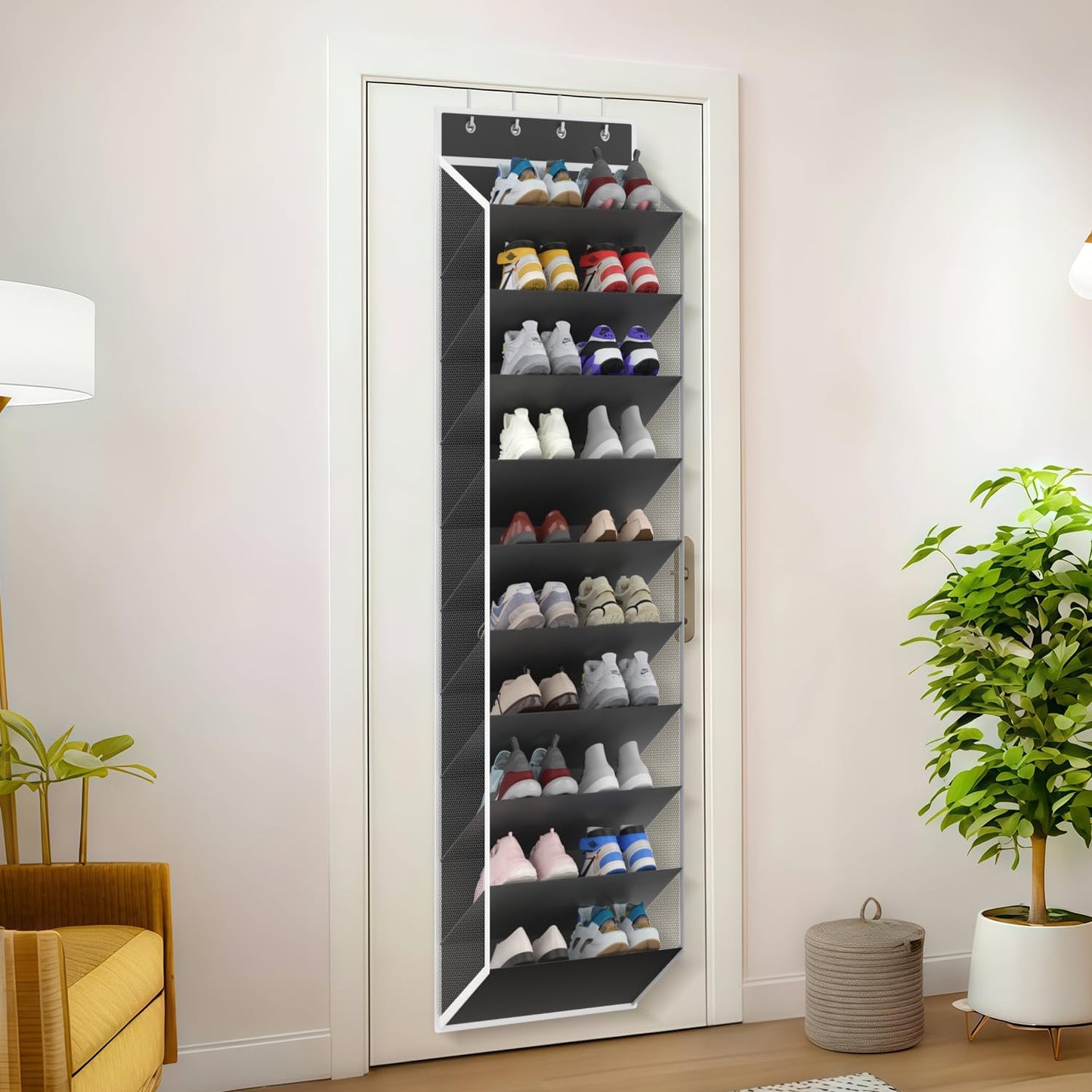 KEEPJOY Over the Door Shoe Organizer, Hanging Shoe Organizer with 4 Hooks, Shoe Holder with 14 Mesh Pockets Closet Door Shoe Storage Bag (White-2Pack)