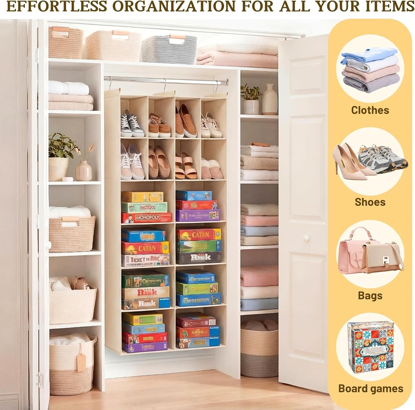 Ofiray-home 6 Tier Hanging Closet Organizer, 16 Compartments Sweater Organizer for Closet with 3 Sturdy Hooks, Closet Organizers and Storage, Wardrobe, Rv, Garment Rack, Grey
