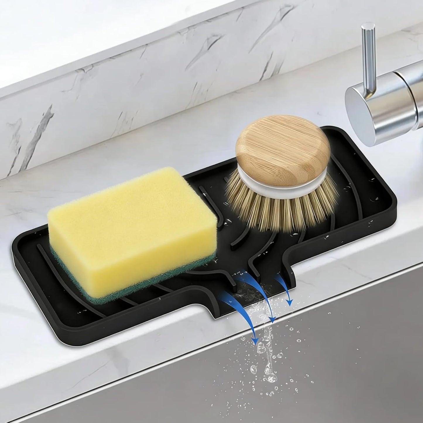 JACZZO Silicone Sponge Holder for Kitchen Sink, (10x4 In) Sink Caddy with Drain Spout, Self Draining Soap Tray & Organizer, Kitchen Accessories,Bathroom Organizer, Easy to Clean (Grey)
