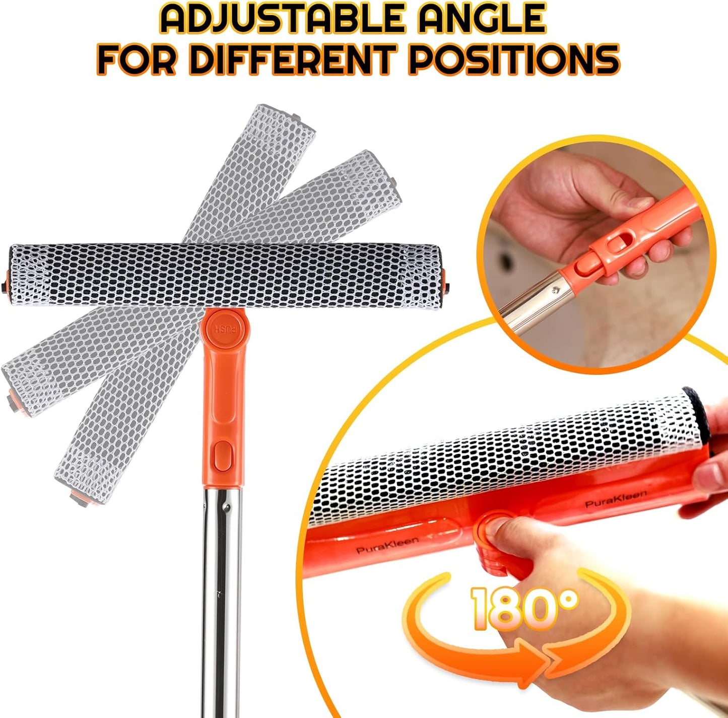 Window Squeegee with 62" Adjustable Stainless Steel Pole —2-in-1 Sponge Scrubber &Streak-Free Blade, No Ladder for 1-Story &Skylights,Car &RV Windshields,Shower Doors,Tile Orange