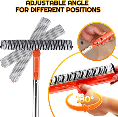 Window Squeegee with 62" Adjustable Stainless Steel Pole —2-in-1 Sponge Scrubber &Streak-Free Blade, No Ladder for 1-Story &Skylights,Car &RV Windshields,Shower Doors,Tile Orange