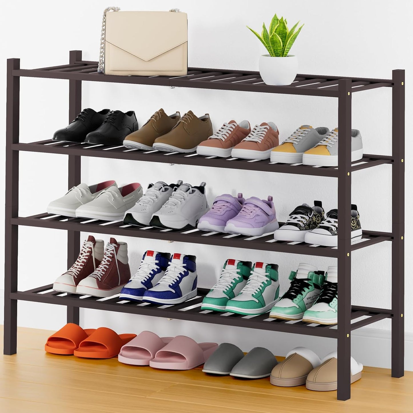 Smiry Bamboo Shoe Rack, 3 Tier Free Standing Wooden Shoe Organizer, Stackable Wood Shoe Storage Shelf for Closet, Entryway, 12 Vertical Slats, 2+1 Stack Standard Legs, 26.8"x11"x19.5", Natural
