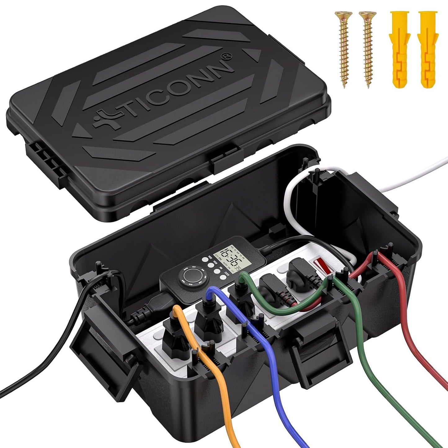TICONN Outdoor Electrical Box, IP54 Splash-Proof Outdoor Extension Cord Cover, Protects Power Strip, Plug, Socket, Timer, Holiday Lights (Black, Small)