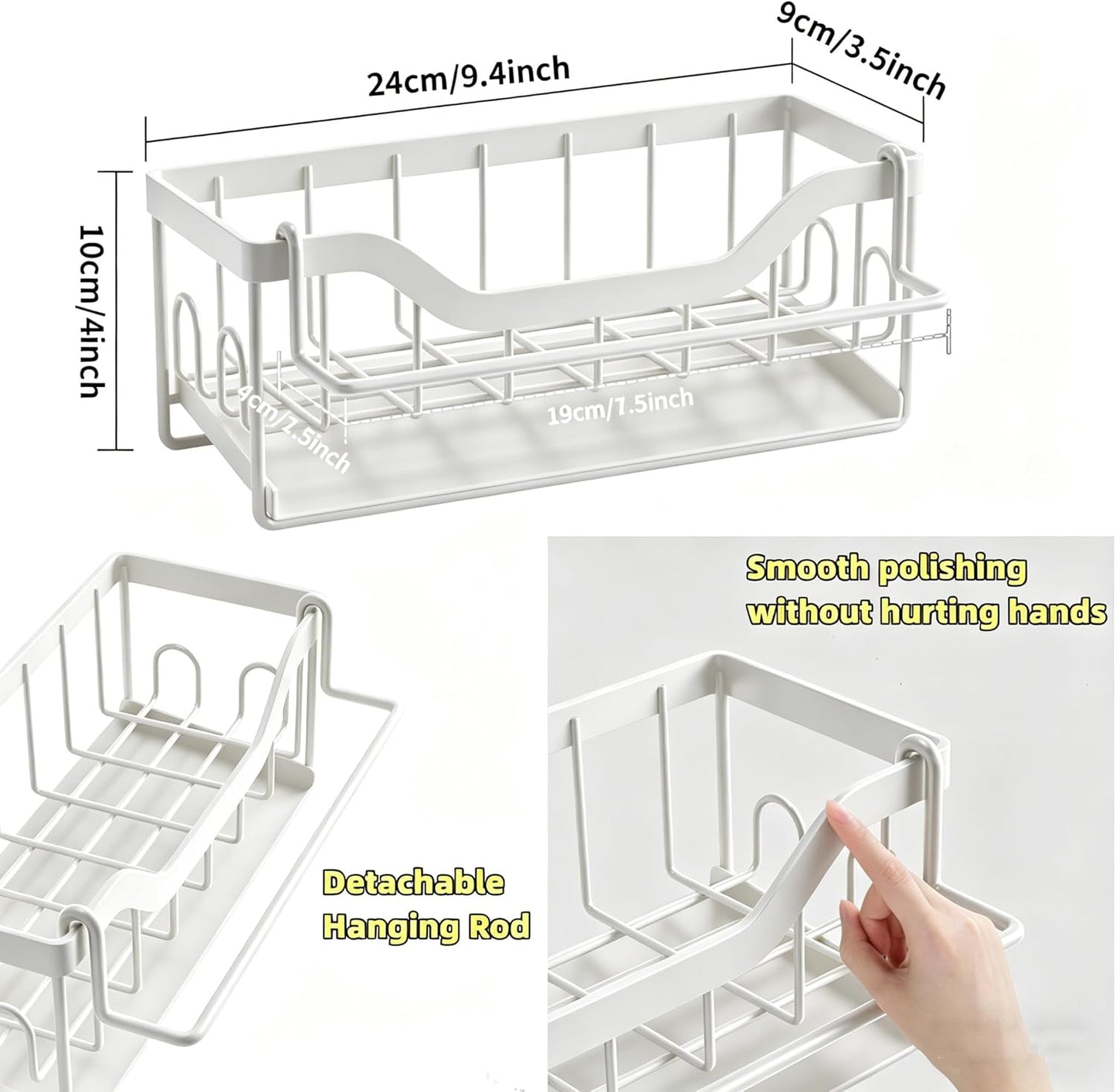 Kitchen Sink Organizer Stainless Steel Sponge Holder with Automatic Drainage Tray and Detachable Rag Rack