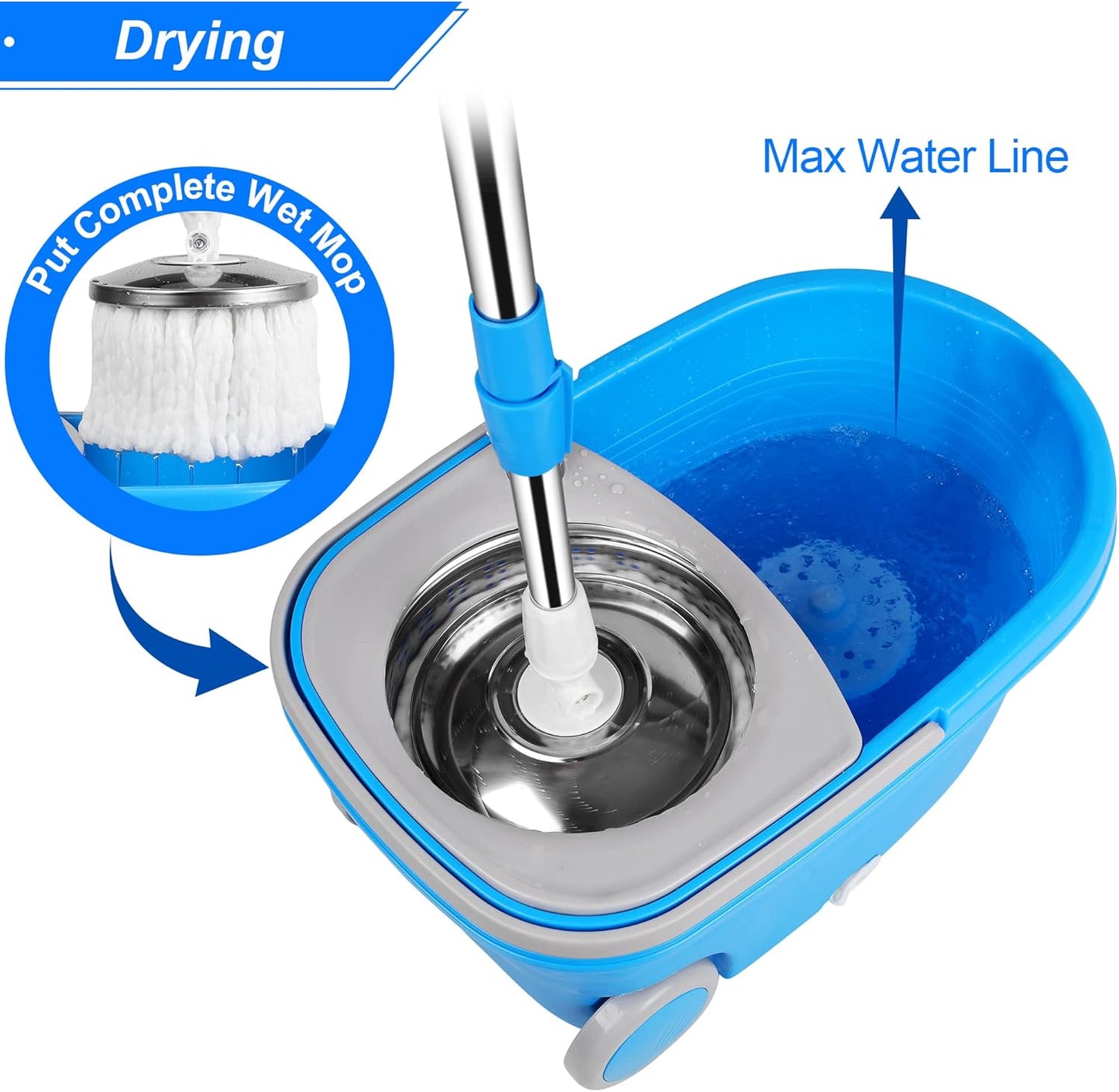 Spin Mop and Bucket with Wringer Set, 360° Spinning Mop Bucket System with 3 Microfiber Mop Replacement Heads and 61" Stainless Steel Adjustable Handle for Floor Cleaning