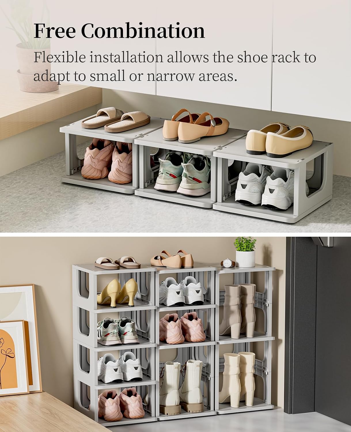 HAIXIN Shoe Organizer Rack for Small Spaces 5 Tier Plastic Vertical Narrow Shelves for Closet Black Shoe Holder, Stand for Entryway Storage Boots Organizer Stackable Cabinet