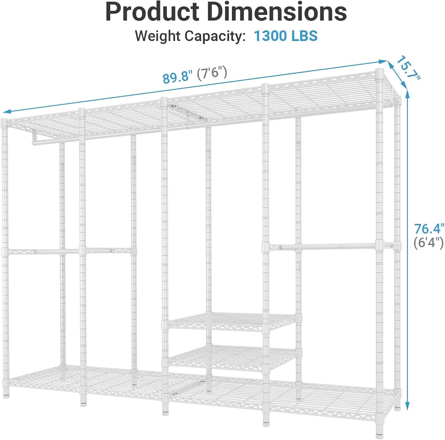 VIPEK V40 Heavy Duty Clothes Rack, 1110lbs Capacity Sturdy Metal Garment Rack, Clothing Rack with 6 Shelves & 4 Hang Rods, Adjustable Open Wardrobe Closet Organizer for Bedroom/Apartment/Retail, Black