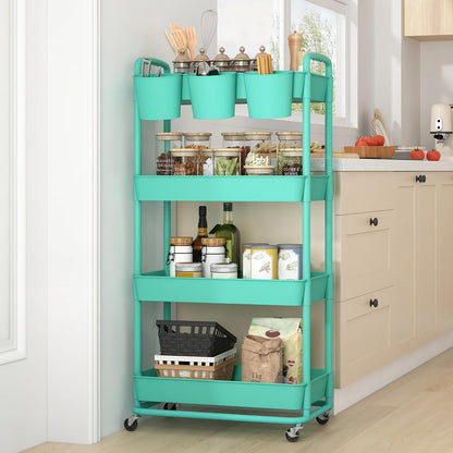 JIUYOTREE 4-Tier Plastic Rolling Storage Cart Utility Cart with Extra Hanging Cups Handles Lockable Wheels for Living Room Bathroom Kitchen Office White